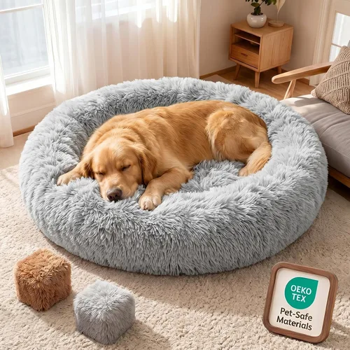 Vista 15 de Cama ortopédica con forma de dona de alta calidad para perros de tamaño grande, cama ortopédica de espuma viscoelástica doble para perros