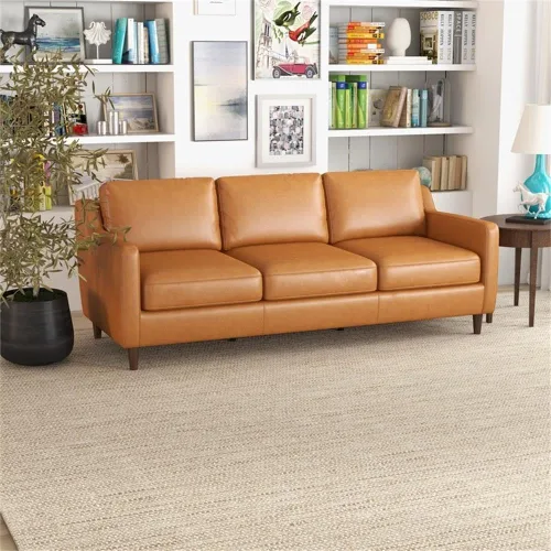 Vista 6 de Pemberly Row Sofá Mid-Century de cuero genuino con respaldo acolchado en color marrón