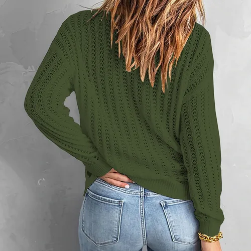 Vista 7 de Suéter de punto con cuello redondo para mujer, suéter informal de manga completa para invierno y otoño, suéter suave con huecos