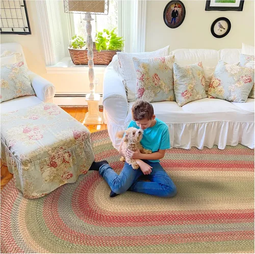 Vista 169 de Homespice Apple Pie - Alfombra ovalada roja de 2 x 3 pies, alfombra de cocina trenzada para decoración primitiva y rústica, reversible, yute sin
