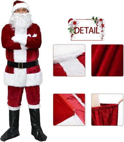 Vista 3 de Traje de Papá Noel de Navidad, disfraz de Papá Noel para hombres adultos, ropa clásica de franela de Navidad, traje de disfraces de Papá Noel