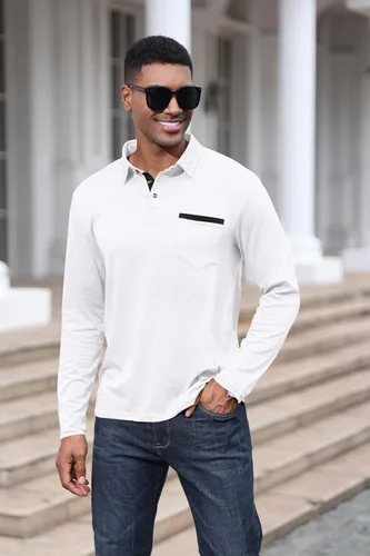 Vista 2 de Polo de algodón clásico de manga larga con botones térmicos y bolsillo para hombre