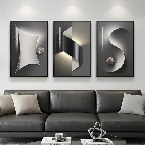 Vista 10 de Juego de arte moderno enmarcado de 3 piezas, arte abstracto de líneas geométricas en blanco y negro, pinturas artísticas de lujo contemporáneas