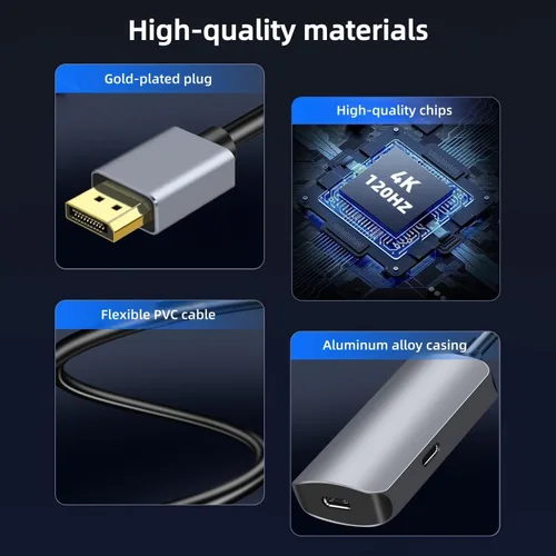 Vista 7 de Adaptador DisplayPort a USB C, 4K a 120Hz con adaptador USB C, convertidor DP macho a tipo C macho compatible con Nrea-l Air VR, MacBok Pro/Air