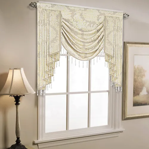 Vista 7 de Loom and Mill Cenefa de cascada de lujo de jacquard para sala de estar, elegantes cenefas de ventana con festones y cuentas damascadas, cortinas