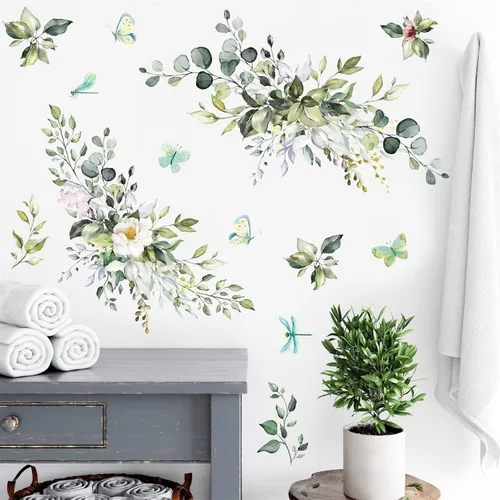 Vista 3 de Vinilo botánico de hojas verdes, calcomanías de vinilo para despegar y pegar, enredaderas rústicas colgantes, mural, mariposas, flores, calcomanías