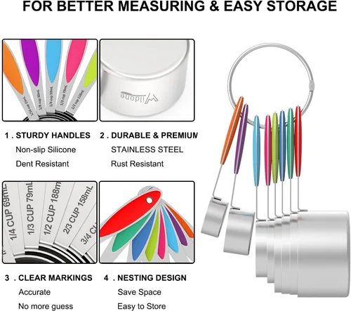 Vista 4 de Measuring Cups and Spoons - Wildone Stainless Steel 20 Piece Stackable Set, Includes 8 Measuring Cups, 10 Measuring Spoons, 1 Leveler & 1 Whisk, for