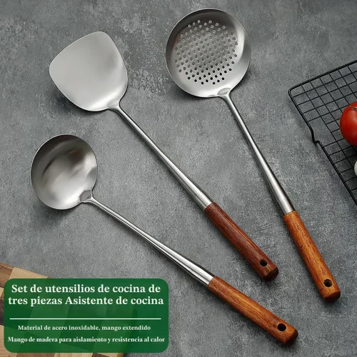 Vista 3 de Evanda Juego de espátulas Wok de 17 pulgadas, herramientas de wok de acero inoxidable con mango de madera resistente al calor, cucharón, espátula
