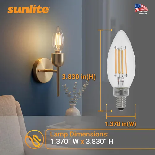 Vista 3 de Sunlite Bombilla LED de filamento B11 con punta de torpedo, 5 vatios (equivalente a 60 W), 600 lúmenes, 90CRI, base de candelabro E12, regulable