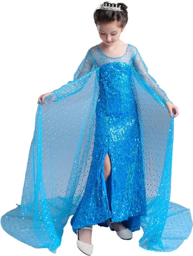 Vista 2 de Dressy Daisy Disfraces de princesa de hielo para niñas, vestido de lentejuelas con manga larga de tren, azul rosa intenso, blanco