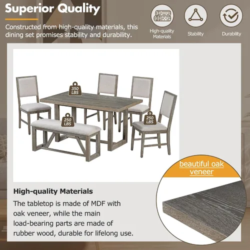 Vista 4 de Merax Juego de sillas de comedor de 6 piezas, mesa rectangular de madera de caucho retro con base de caballete diseñada y 4 sillas tapizadas y 1 Gris