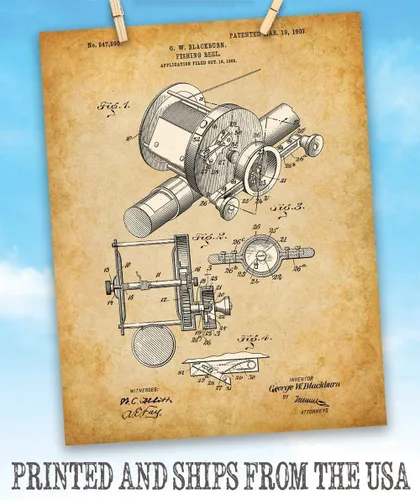Vista 8 de 1905 Fishing Reel Patent Print - Lake House and Cabin Wall Decor, Great Fishing Camp Display, Outdoor Beach Decor, Classic Gifts for Fisherman