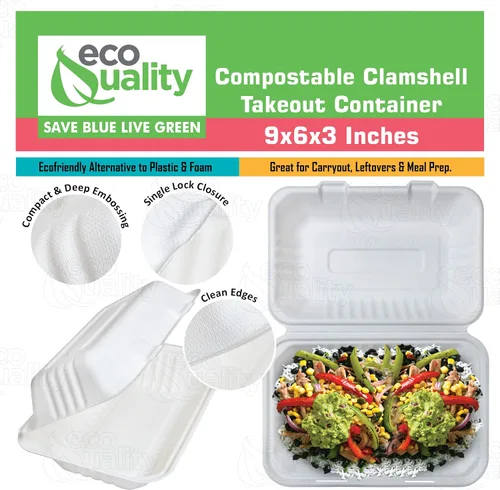 Vista 4 de Recipientes de alimentos rectangulares compostables con bisagras para llevar 9x6x3,Contenedores desechables para llevar, contenedores desechables