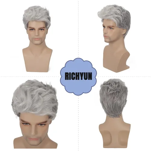 Vista 2 de Peluca gris corta para hombre, peluca sintética resistente al calor, para Halloween, cosplay, peluca de pelo
