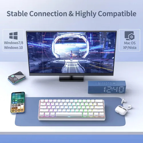 Vista 3 de KEMOVE Snowfox DK61 60% Wireless Mechanical Gaming Keyboard, 2.4GType-CBluetooth 5.0 Gateron G Pro Blue Switch RGB Backlit 61 Keys Mini Keyboard