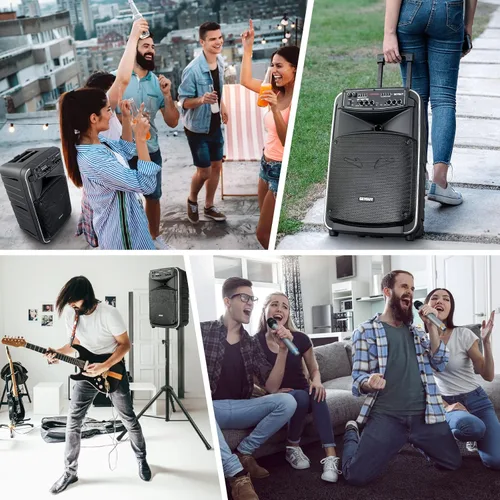 Vista 7 de GTSK12-2 - Sistema de altavoces PA Bluetooth portátil, altavoz de karaoke inalámbrico con subwoofer de 12 pulgadas, USB/SD/MP3/FM/TWS - micrófonos