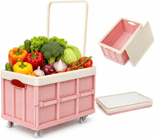 Vista 10 de Contenedores de almacenamiento plegables con tapas, cajas plegables de plástico apilables de 30 L, caja de almacenamiento de plástico apilable Rosa