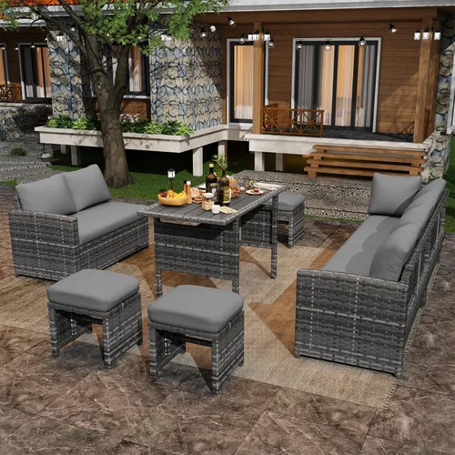 Vista 2 de U-MAX - Juego de muebles de patio, 7 piezas para sofá seccional para exteriores Ratán gris y cojín gris