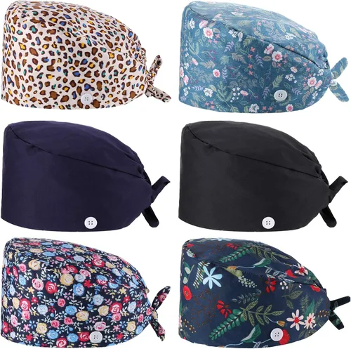 Vista 9 de Geyoga 6 piezas de gorras bouffant para trabajo y quirúrgicas, gorras de enfermera con botones y banda para el sudor, ajustable, con lazos