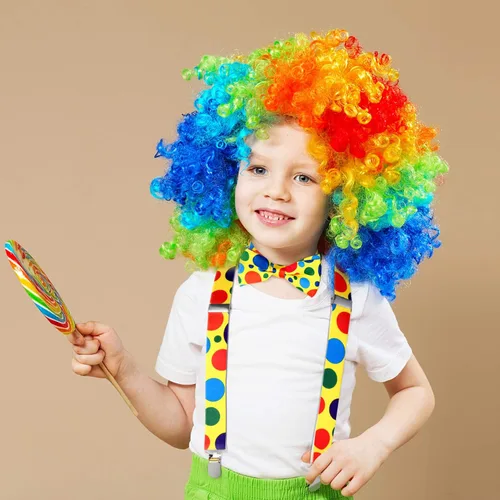 Vista 4 de Juego de 4 tirantes para niños, tirantes ajustables y pajarita para fiesta, como muestra la foto, Arco iris y lunares.