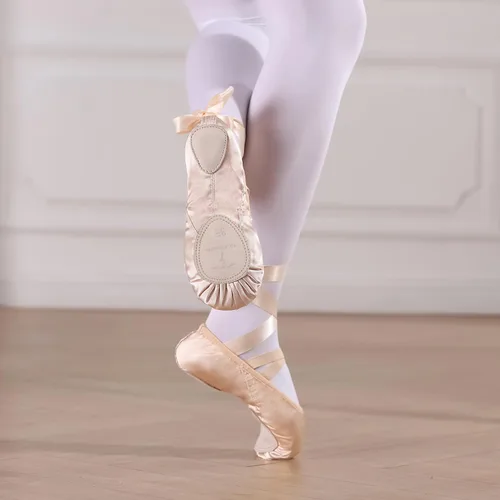 Vista 3 de Zapatos de ballet para niñas, zapatillas de ballet rosas con suela dividida de satén para mujer, zapatos de baile planos con cinta para yoga