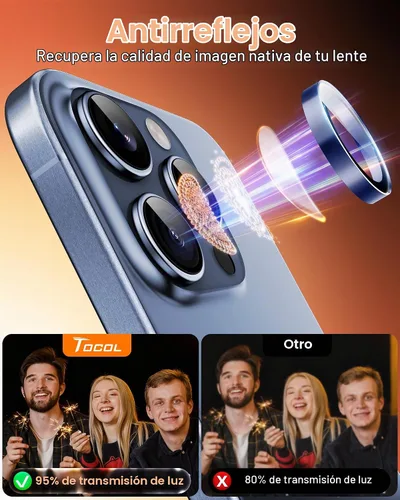 Vista 6 de TOCOL Protector de lente de cámara para iPhone 15 Pro Max / iPhone 15 Pro, protector de lente de cámara de vidrio templado HD individual resistente