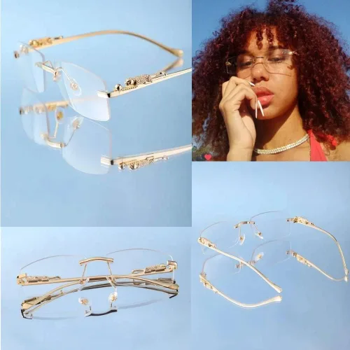 Vista 4 de UM - Lentes de sol vintage sin montura retro de lujo de metal dorado sin marco, Oro