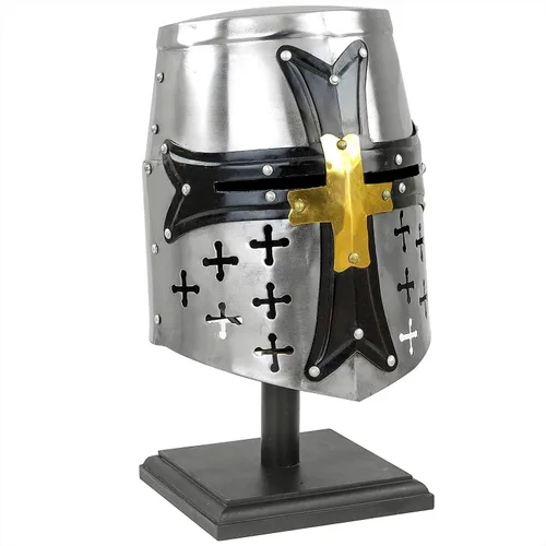Vista 3 de AnNafi Casco medieval de armadura de caballero de los templarios cruzados con cruz Accesorios de armadura espartana griega romana Yelmo de oro