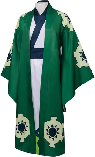 Vista 2 de Roronoa Zoro - Disfraz de cosplay de anime Roronoas, kimono, bata de Halloween, conjunto completo con aretes