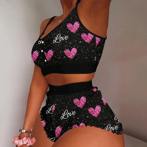 Vista 2 de XINSHIDE Pijama de San Valentín para mujer, suave estampado de corazón, camisola y pantalones cortos, conjunto de dos piezas con volantes, ropa