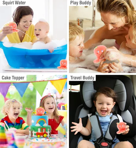 Vista 3 de DolliBu Octopus Bath Buddy Squirter - Juguete flotante de goma de pulpo rosa, divertido juego de baño para niños pequeños, lindo juguete de animales