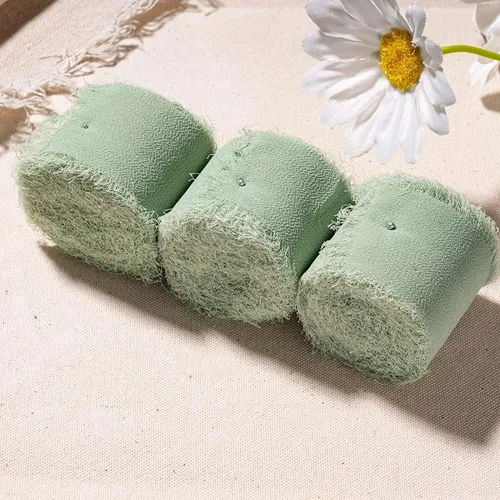Vista 4 de Cinta de gasa, 3 rollos de 21 yardas, color verde salvia, hecha a mano, con flecos, de seda, de 1.5 pulgadas x 7 yardas, juego de cintas