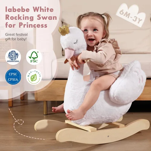 Vista 2 de labebe Caballo mecedor de cisne blanco para niños, animal de peluche en madera para niños de 6 meses, para niños y niñas/guardería, regalo