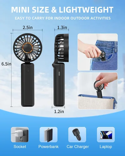 Vista 7 de Ventilador de mano portátil, mini ventilador de escritorio plegable de 2000 mAh, rotación de 180°, 3 velocidades, ultra silencioso, hasta 8 horas