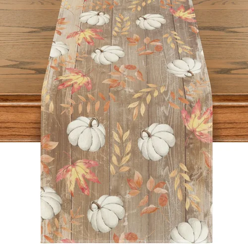 Vista 8 de Artoid Mode Camino de mesa de otoño de madera beige con hojas de arce, decoración de mesa de comedor de cocina de otoño de temporada para decoración