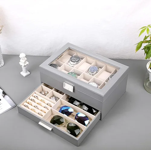 Vista 8 de Voova Joyero organizador de cajas de reloj para hombres y mujeres 2 capas grandes de 12 ranuras de piel sintética estuche de almacenamiento