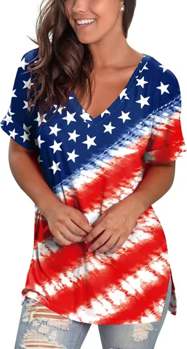 Vista 3 de SAMPEEL Camisetas de verano con cuello en V para mujer, estilo casual, de manga corta, con abertura lateral, ajuste holgado
