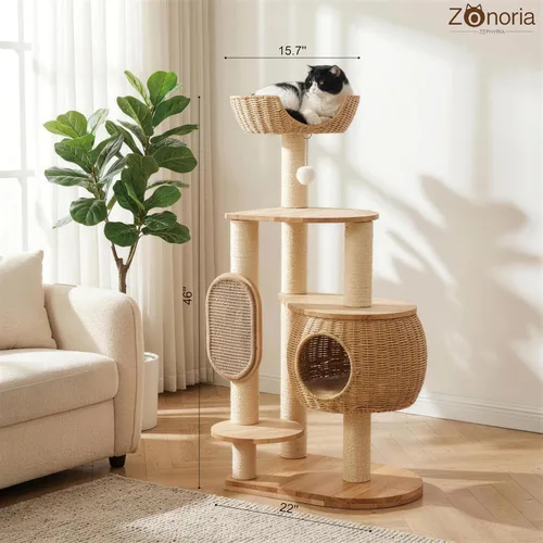 Vista 6 de Árbol de gato moderno, torre para gatos con poste rascador, nidos y cestas de calabaza tejidas a mano, manta de sisal