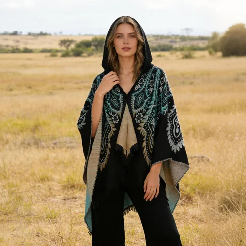 Vista 3 de Uyuni Poncho con volantes estilo chal bohemio para mujer, holgado, vintage