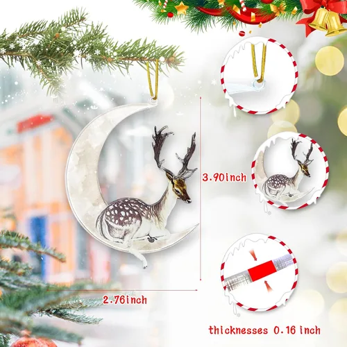 Vista 2 de Adornos para árbol de Navidad, animales sentados en la luna, colgante colgante de acrílico suave de doble impresión, para árbol de Navidad