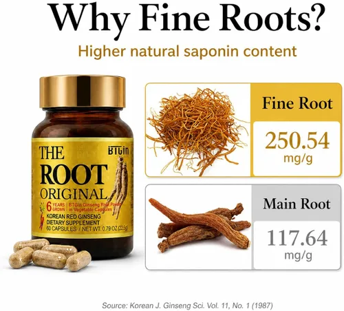 Vista 3 de The Root Suplemento original coreano rojo panax ginseng – 100% polvo de raíz fina entera con fibra natural y minerales – Resistencia sin cafeína