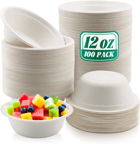 Vista 11 de Oomcu Paquete de 100 cuencos de sopa desechables pequeños de 8 onzas a granel, compostables y biodegradables, cuencos de papel reciclado resistentes