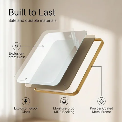 Vista 5 de Tangkula Espejo de baño dorado de 20 x 32 pulgadas, espejo de tocador rectangular redondeado con marco de metal, dorado mate, vidrio templado