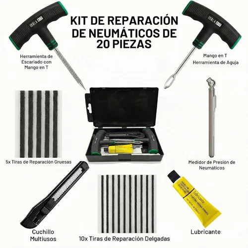 Vista 2 de Kit de reparación de neumáticos de 20 piezas – El kit de enchufe de neumático plano incluye herramientas ergonómicas de mango en T con agarre