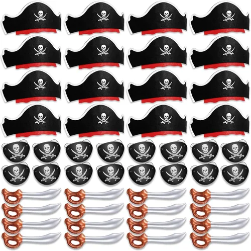 Vista 10 de Legigo Juego de 18 piezas divertidas de fiesta pirata, incluye 6 sombreros de pirata, 6 parches para ojos, 6 espadas inflables para fiesta pirata