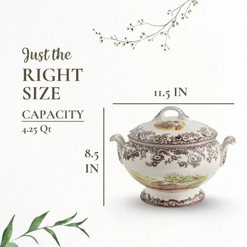 Vista 3 de Spode Sopera Woodland con motivos de conejo, codorniz y pintaleta, sopera cubierta de 4.25 cuartos de galón, hecha de loza fina, apta