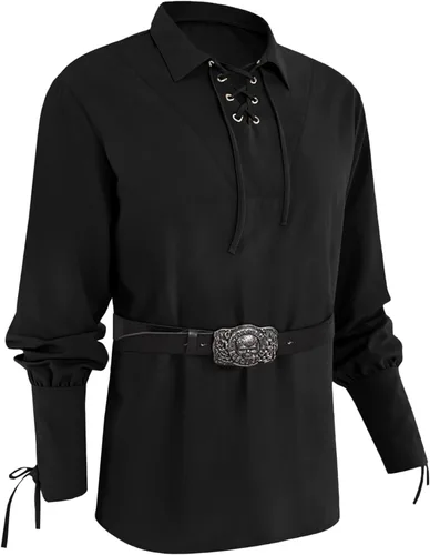 Vista 7 de Camisas de pirata vikingo medieval para hombre, disfraz renacentista, tops escoceses 01 Blanco