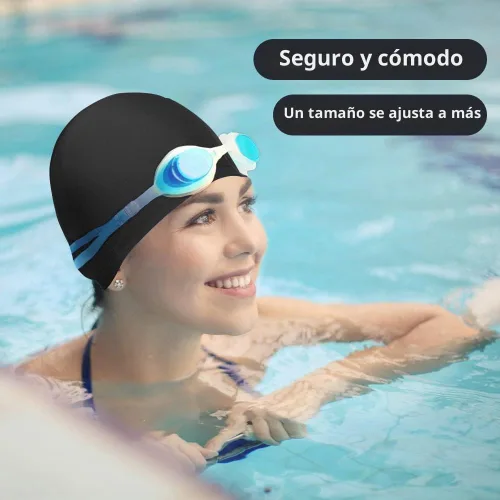 Vista 3 de 4 gorras elásticas de natación para mujeres, hombres y niños, tela duradera, no impermeable, gorra de piscina elástica 2 negro y 2 azul
