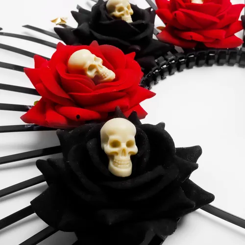 Vista 3 de Diadema del Día de los Muertos, corona floral de rosa, corona de calavera para Halloween, corona con rosas, disfraz para mujeres y niñas
