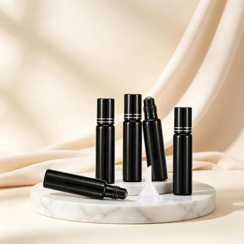 Vista 7 de Kesell Paquete de 6 botellas de rodillo de vidrio negro de 0.3 fl oz, botellas de rodillo de aceite esencial con embudo y aplicador de bola
